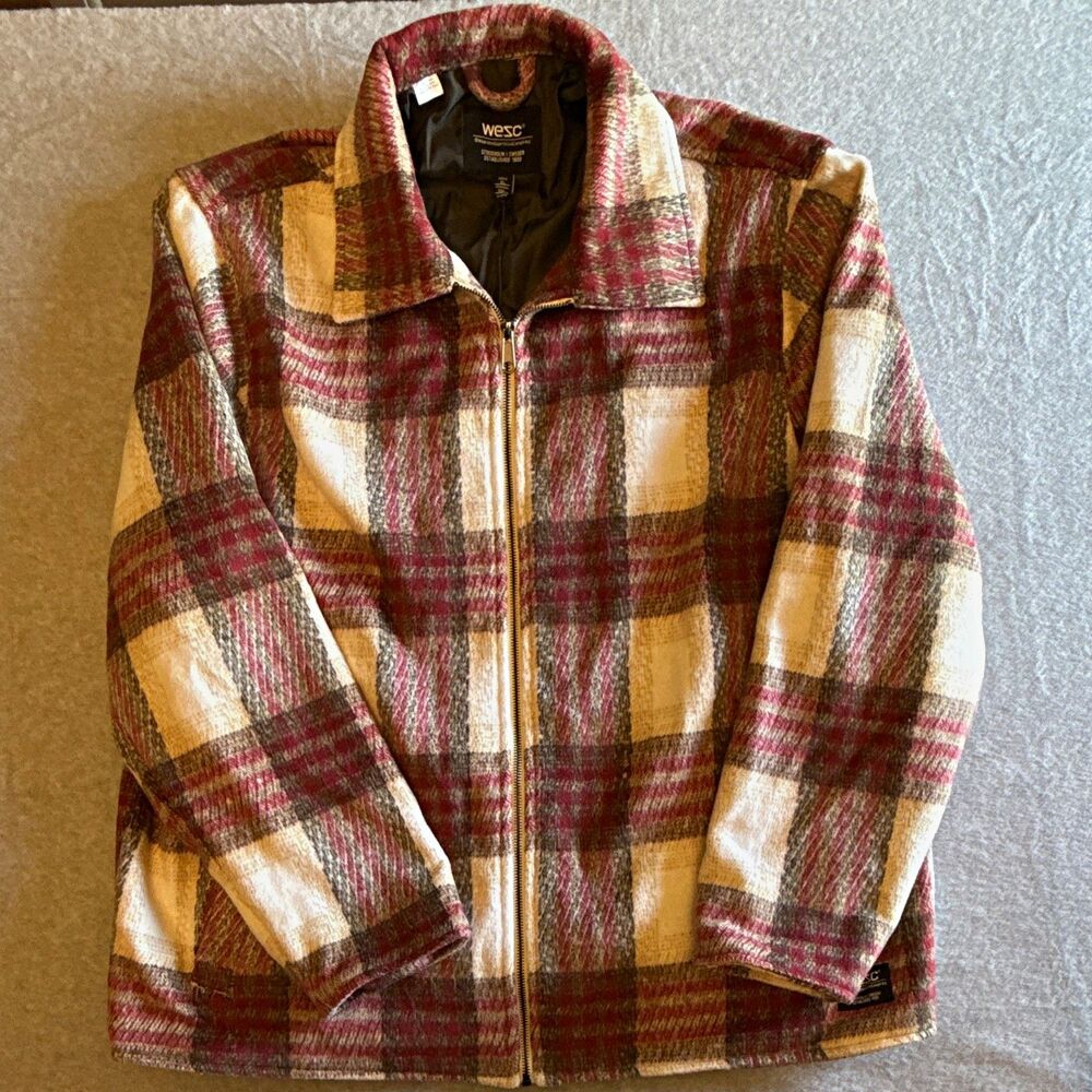 WeSC Men's XXL Plaid Lined Full Zip Jacket Burgundy Cream Gray Brown #0030